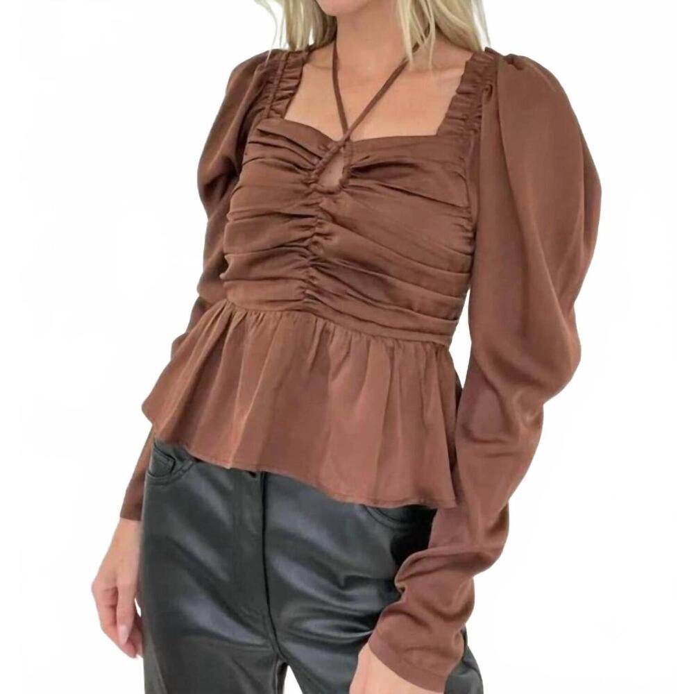 NEW SIX/FIFTY satin ruched long sleeve blouse in brown
